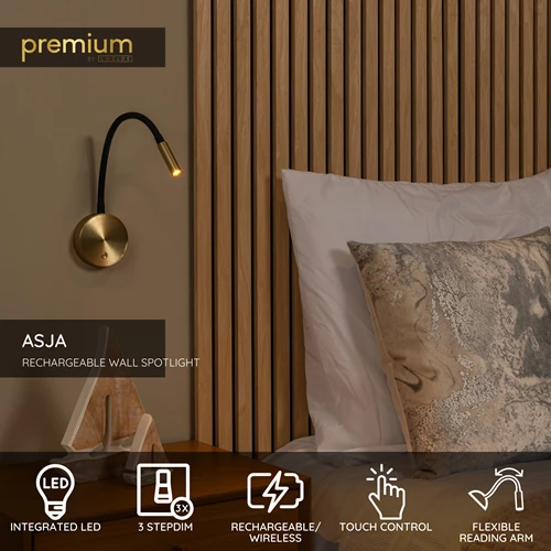 Lucide ASJA - Rechargeable Wall spotlight / Wall light - Battery pack- LED 3 StepDim - 1x3W 2700K - Matt Gold / Brass | Premium - USP